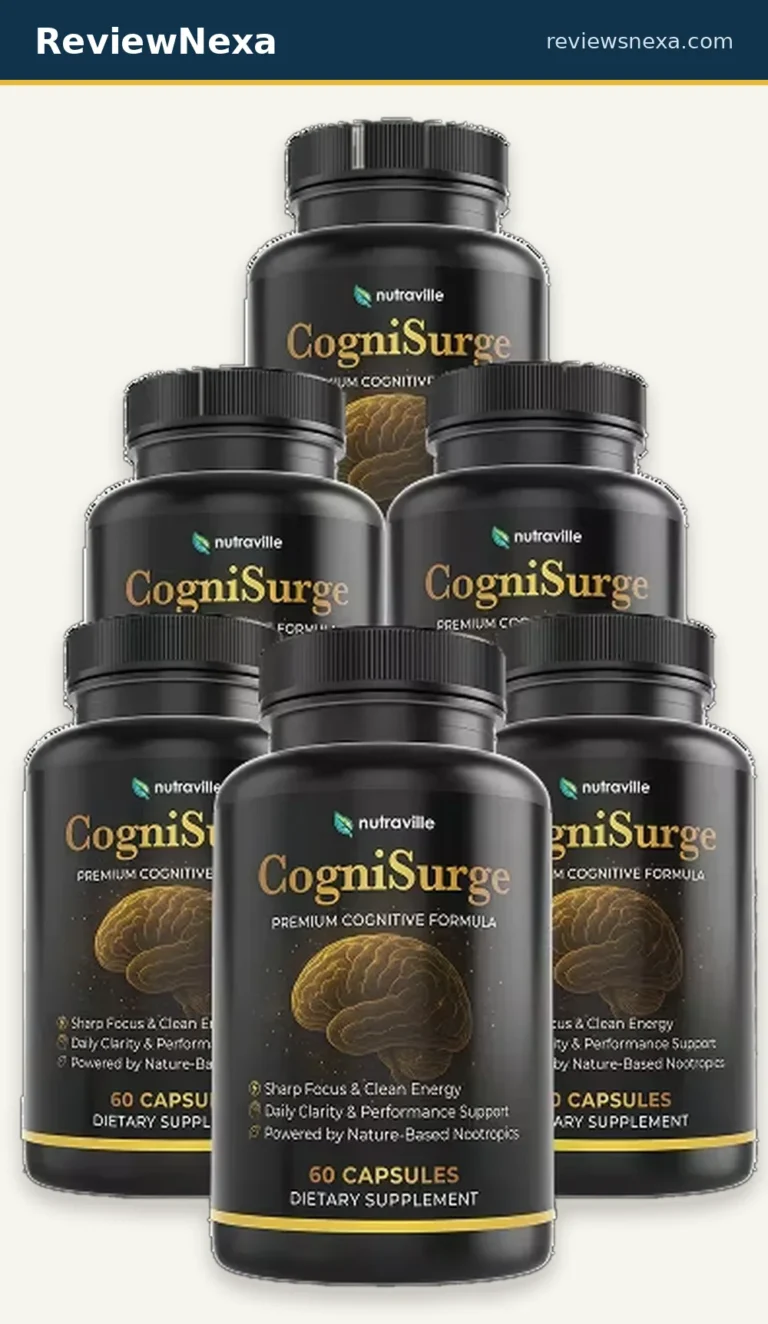 Six black Nutraville CogniSurge bottles — the 60-capsule Premium Cognitive Formula