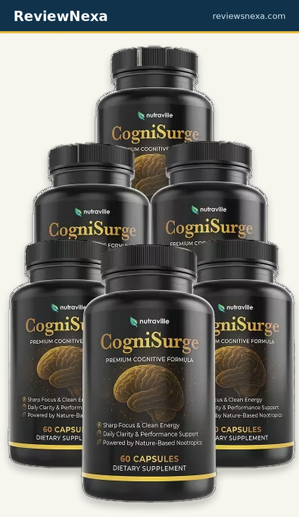 Six black Nutraville CogniSurge bottles — the 60-capsule Premium Cognitive Formula