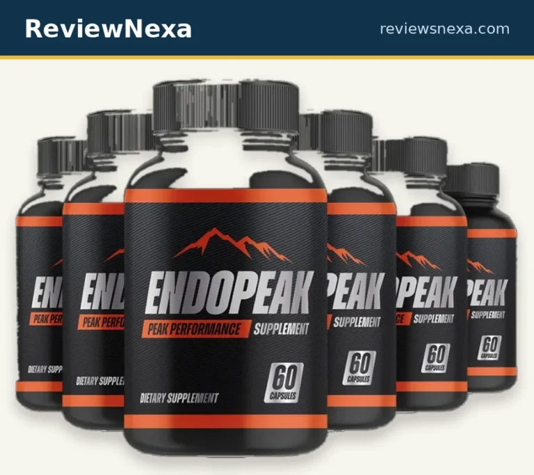 EndoPeak supplement bottles — official product photo with ReviewNexa branding
