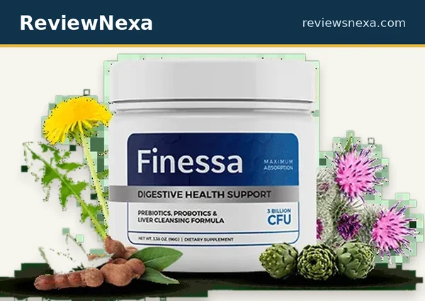 Finessa gut-health drink powder container — official product photo with ReviewNexa branding