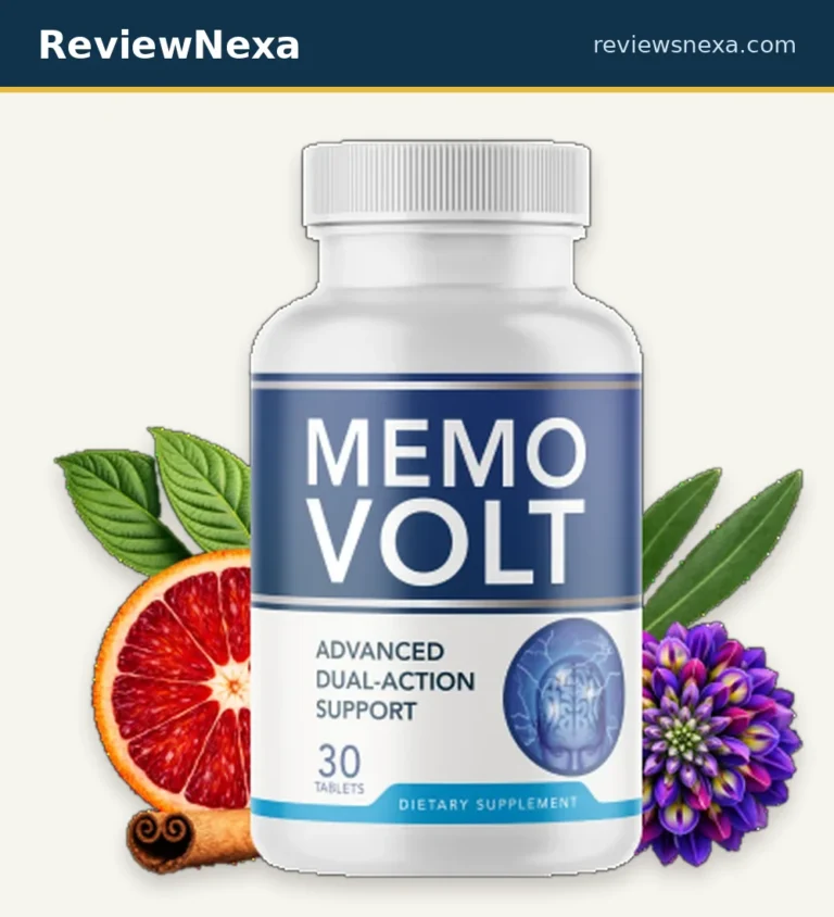 MemoVolt — official product photo showing the white 30-tablet bottle with navy and orange label, saffron and blood-orange accents