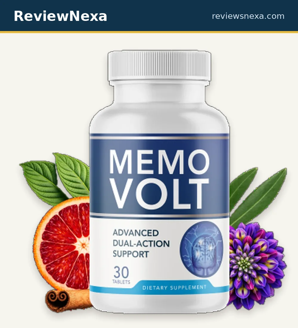 MemoVolt — official product photo showing the white 30-tablet bottle with navy and orange label, saffron and blood-orange accents