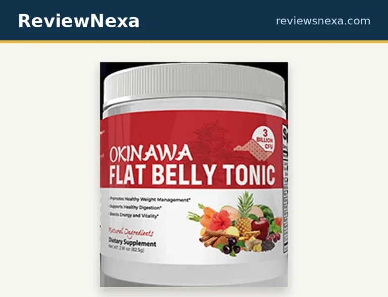 Okinawa Flat Belly Tonic jar — genuine official product photo with ReviewNexa branding