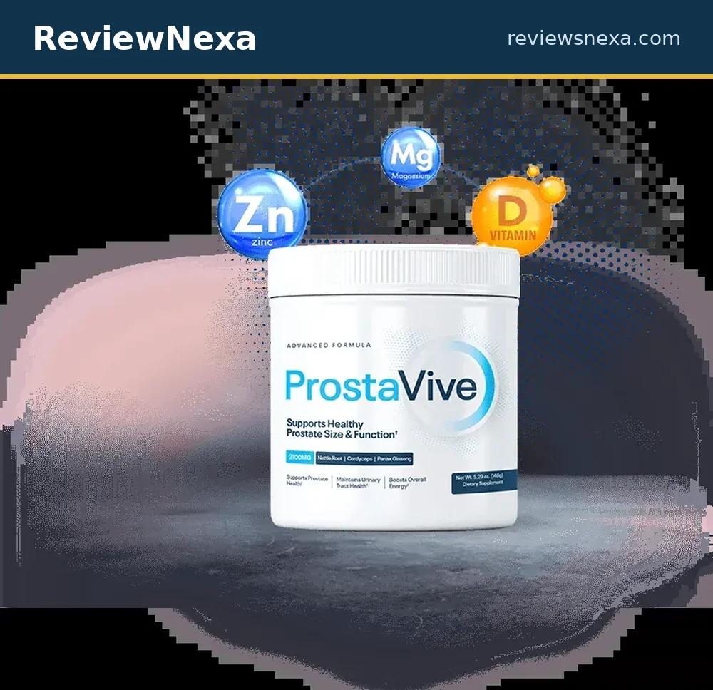 ProstaVive prostate-support powder — the daily men's wellness formula, product photo with ReviewNexa branding