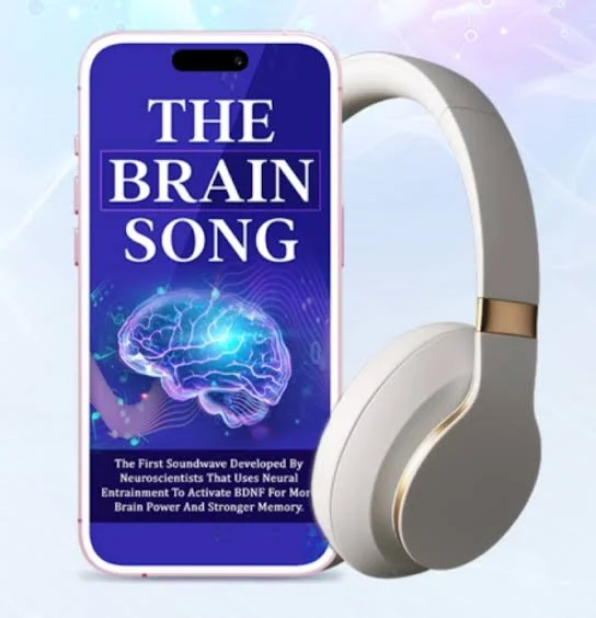 The Brain Song official product image - phone with brain soundwave app and headphones