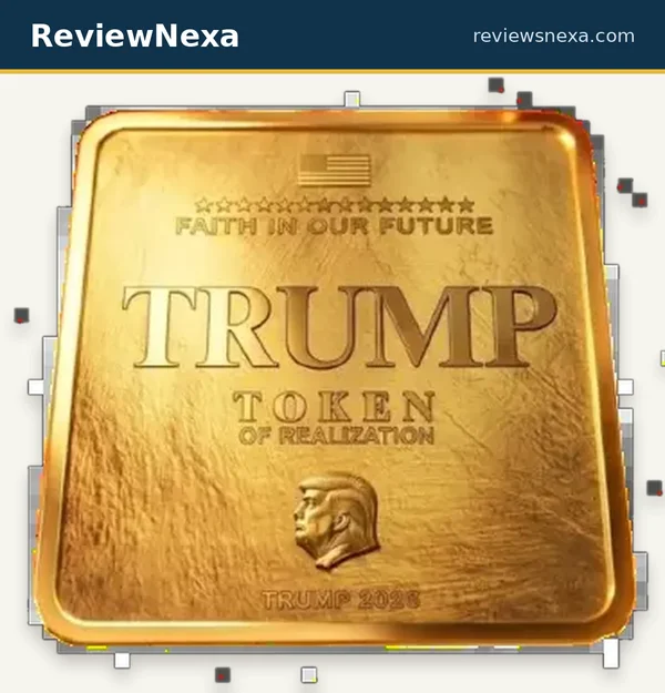 Trump Token of Realization — close view of the gold-plated face with raised portrait, FAITH IN OUR FUTURE and TRUMP TOKEN OF REALIZATION lettering (ReviewNexa branded image)