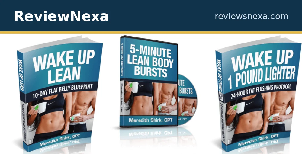 Wake Up Lean official program covers: the 10-Day Flat Belly Blueprint ebook, 5-Minute Lean Body Bursts workouts, and 24-Hour Flushing Protocol &mdash; official product photo