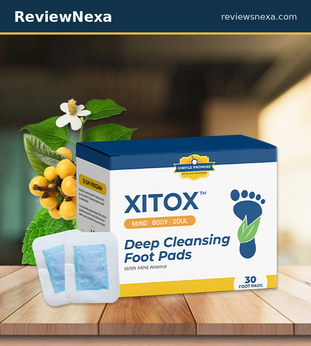 Xitox Footpads — official product photo of the 30-pad box with the ReviewNexa treatment